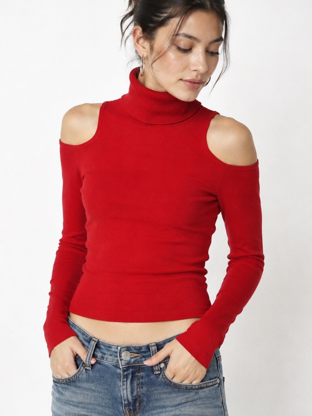 Venus Red Turtleneck Pullover Sweater with Cold Shoulder Cutouts